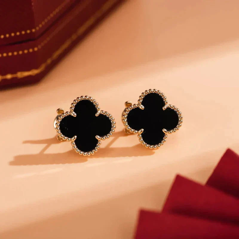 Clover Motif Stud Earrings - Black
