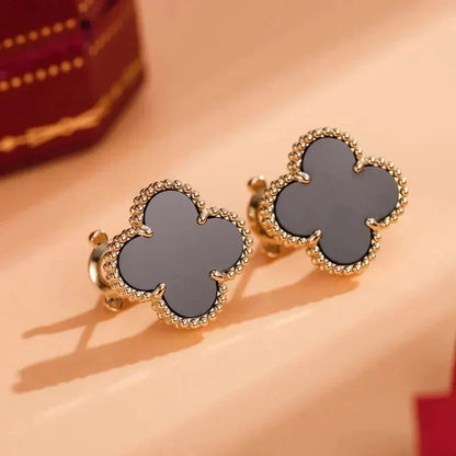 Clover Motif Stud Earrings - Black