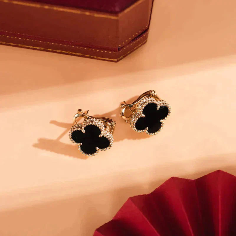 Clover Motif Stud Earrings - Black
