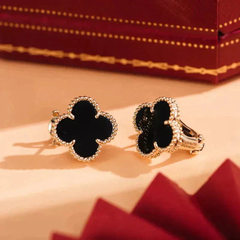 Clover Motif Stud Earrings - Black
