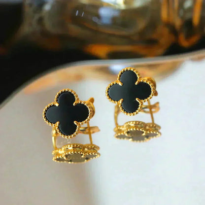 Clover Motif Stud Earrings - Black
