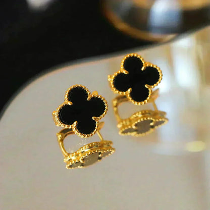 Clover Motif Stud Earrings - Black