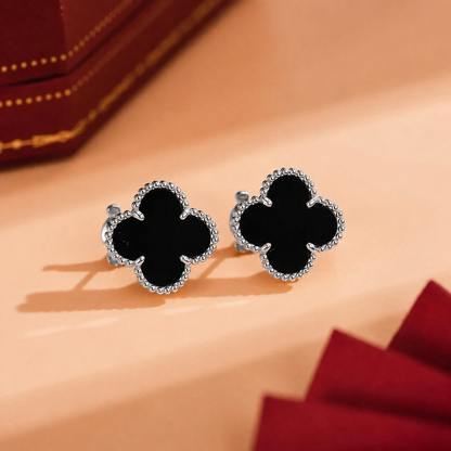 Kleeblatt-Ohrstecker – Schwarz-Silber